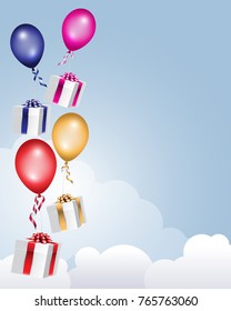 Gift boxes decorated with ribbon bow flying in the clouds with colorful balloons. Vector illustration background.