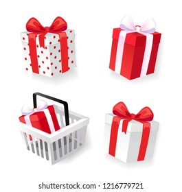 Gift boxes decorated with ribbons isolated icons vector. Sale of shops, sellout of presents boxes, holiday package to celebrate. Greeting items set