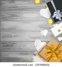 Gift boxes and decorative elements holiday background template, valentine, birthday, christmas banner card, vector illustration