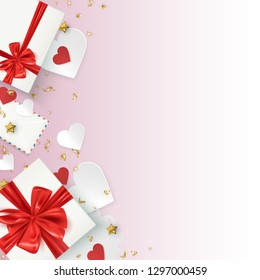 Gift boxes and decorative elements holiday background template, valentine, birthday, christmas banner card, vector illustration