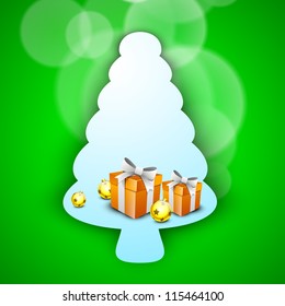 Gift boxes and decorative evening balls in Xmas tree on green abstract background for Merry Christmas. EPS 10.