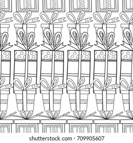 Gift boxes with decors, ornaments for coloring books. Black and white illustration, seamless pattern.