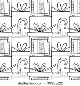 Gift boxes with decors, ornaments for coloring books. Black and white illustration, seamless pattern.