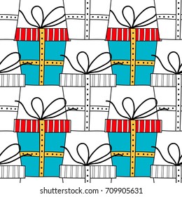 Gift boxes with decors, ornaments for coloring books. Black and white illustration, seamless pattern.