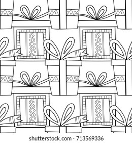 Gift boxes with decors, ornaments for coloring books. Black and white illustration, seamless pattern.