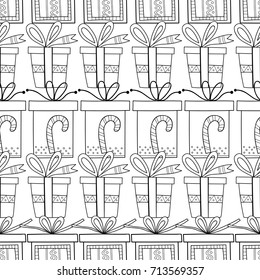 Gift boxes with decors, ornaments for coloring books. Black and white illustration, seamless pattern.