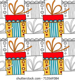 Gift boxes with decors, ornaments for coloring books. Black and white illustration, seamless pattern.