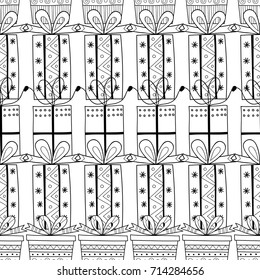 Gift boxes with decors, ornaments for coloring books. Black and white illustration, seamless pattern.