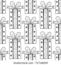 Gift boxes with decors, ornaments for coloring books. Black and white illustration, seamless pattern.