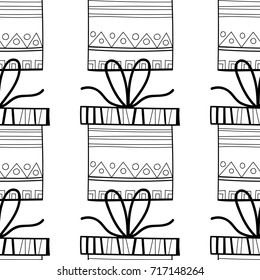 Gift boxes with decors, ornaments for coloring books. Black and white illustration, seamless pattern.
