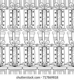 Gift boxes with decors, ornaments for coloring books. Black and white illustration, seamless pattern.