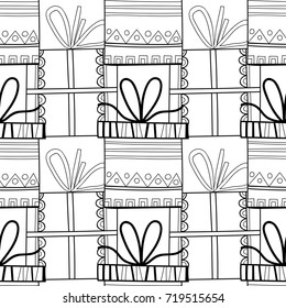 Gift boxes with decors, ornaments for coloring books. Black and white illustration, seamless pattern.