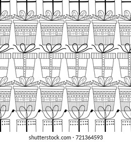 Gift boxes with decors, ornaments for coloring books. Black and white illustration, seamless pattern.