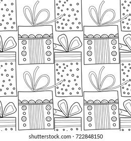Gift boxes with decors, ornaments for coloring books. Black and white illustration, seamless pattern.