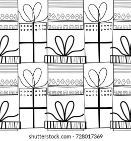 Gift boxes with decors, ornaments for coloring books. Black and white illustration, seamless pattern.