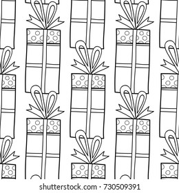 Gift boxes with decors, ornaments for coloring books. Black and white illustration, seamless pattern.