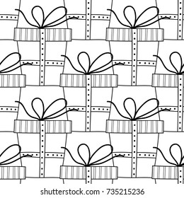 Gift boxes with decors, ornaments for coloring books. Black and white illustration, seamless pattern.