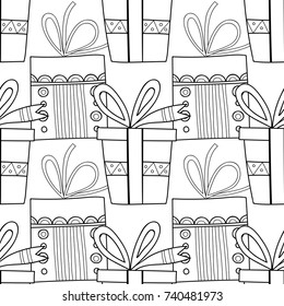 Gift boxes with decors, ornaments for coloring books. Black and white illustration, seamless pattern.