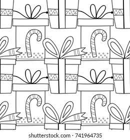Gift boxes with decors, ornaments for coloring books. Black and white illustration, seamless pattern.