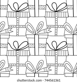 Gift boxes with decors, ornaments for coloring books. Black and white illustration, seamless pattern.