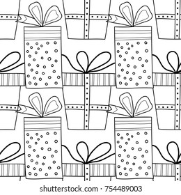 Gift boxes with decors, ornaments for coloring books. Black and white illustration, seamless pattern. Vector illustration