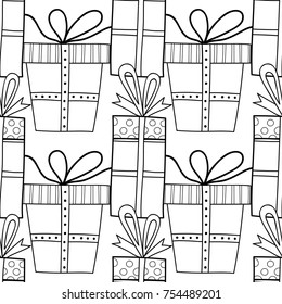 Gift boxes with decors, ornaments for coloring books. Black and white illustration, seamless pattern. Vector illustration