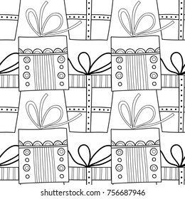 Gift boxes with decors, ornaments for coloring books. Black and white illustration, seamless pattern.