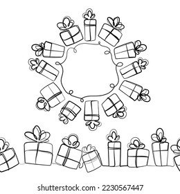 Gift boxes design elements set for holiday decoration.Round frame with gifts and seamless border pattern continuous line drawing vector graphic.Festive packaging.Present.Black and white sketch 