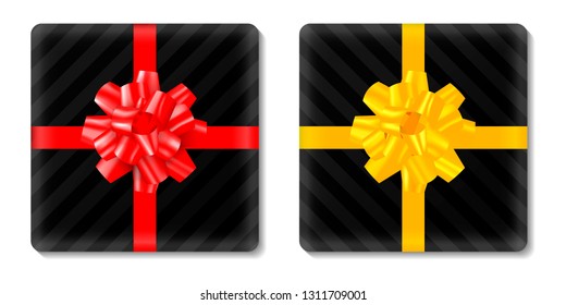 Gift boxes design template, realistic symbols. Black gift present with yellow and red ribbon, holiday elements, vector illustration