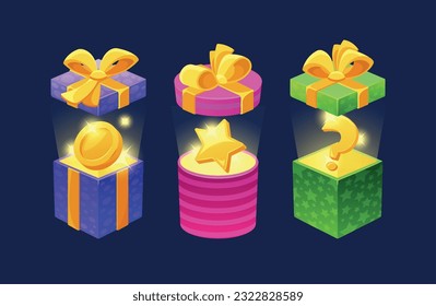 Gift Boxes With Different Assets And Magic Light Inside. Open Crates With Money Coin, Star and Question Sign