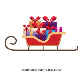 gift boxes of different colors with a red bow on a sleigh vector illustration design