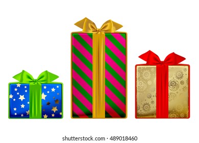 Gift boxes of different colors and sizes isolated on white. Vector illustration