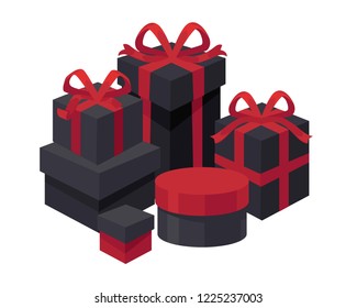 Gift boxes of different shapes and colors set vector. Special occasion tradition of exchanging presents with close people. Containers wrapped in paper with bows, celebration of event, holiday greeting