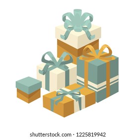 Geschenkbox mit verschiedenen Formen und Farben Set Vektorgrafik. Besondere Anlässtradition des Tausch Geschenke mit engen Menschen. Container in Papier mit Bögen verpackt, Feiern von Veranstaltung, Feiertagsgruß