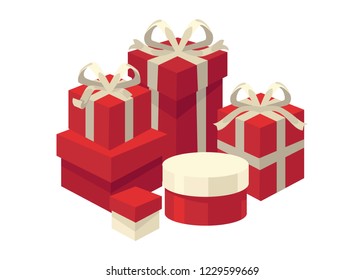 Gift boxes of different shapes and colors set vector. Special occasion tradition of exchanging presents with close people. Containers wrapped in paper with bows, celebration of event, holiday greeting