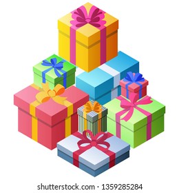 A Lot of Gift Boxes of Different Sizes and Colors. A Colorful Image of Gifts with Bows and Ribbons for the Holidays Christmas, New Year, Birthday, Valentines Day. Isometric design.