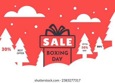 Gift boxes, discount, price off. Winter Background. Boxing Day sale. Modern banner for shopping event promotion, sale, advertisement. Vector illustration for winter holiday, New Year, web