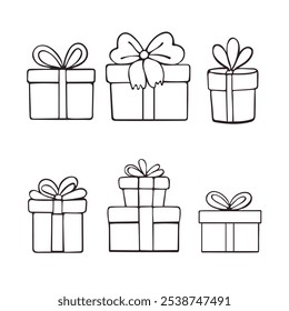 gift boxes Doodle set. Birthday present boxes with bows. Hand drawn colorful Christmas presents collection. Graphic design elements for advertisement, flyer, poster, web shop sale. Vector illustration
