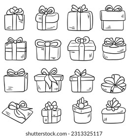 Gift boxes doodle set. Vector illustration isolated on white background.