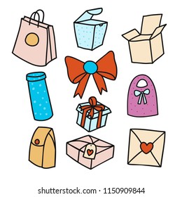 Gift boxes in doodle style icons set isolated on white. Cute coloured vector illustration