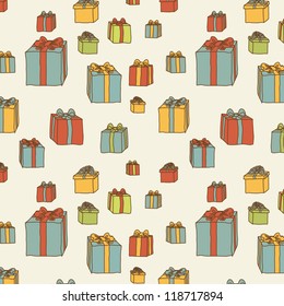 Gift boxes doodles hand drawn vector seamless pattern on beige background
