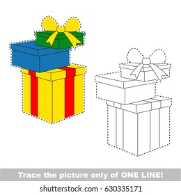 Gift Boxes. Dot to dot educational game for kids, the one line tracing page.