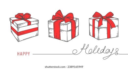  Cajas de regalo, dibujo. Regalo de vacaciones . Ilustración de arcos de bienvenida.Vector.