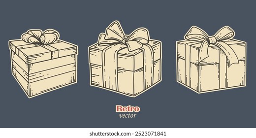 Gift boxes, drawing.Retro style. Holiday gift vector. Illustration of greeting bows.