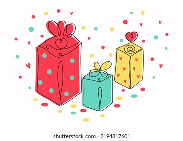 Gift boxes drawings. Line art. Beautiful holiday packaging drawn with one line. Heart shape. Holiday, Birthday, Vector illustration on isolated background.