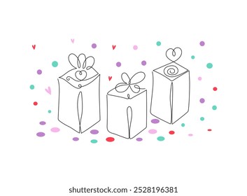 Dibujos de cajas de regalo. Arte de línea. Hermoso embalaje festivo dibujado con una línea. Forma de corazón, confeti. Festiva, cumpleaños, Ilustración vectorial sobre fondo aislado.