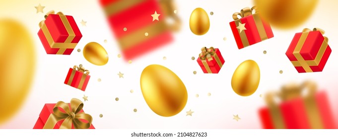 Gift boxes and eggs in the air. Happy Easter card. 3d vector illustration 