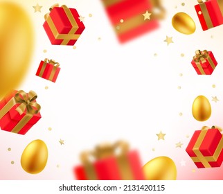 Gift boxes and eggs in the air. Happy Easter card. 3d vector illustration 