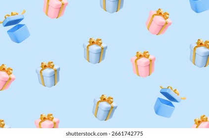 Gift boxes falling background., Birthday celebration concept. 3d realistic open gift box, blue and pink gifts with gold ribbon floating on blue background. Vector illustration