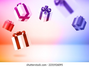 Gift boxes falling on a floor. 3d vertical illustration